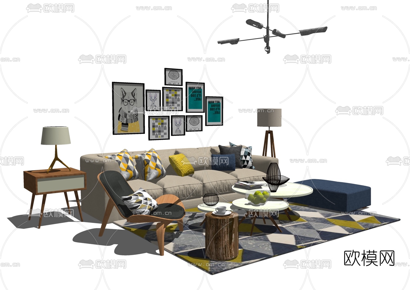 北欧布艺沙发组合su模型下载（渲染图2）