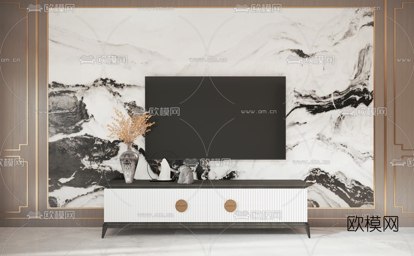 新中式轻奢电视柜3d模型下载（渲染图3）