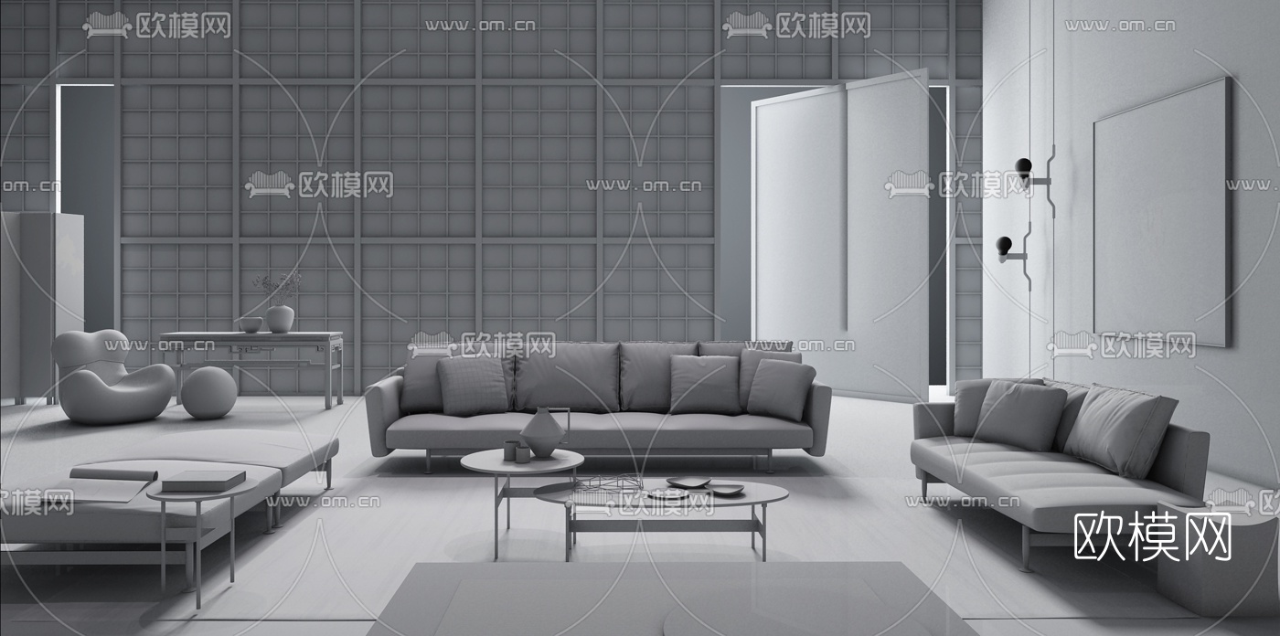 意大利B&BItalia品牌 现代客厅沙发组合摆件3D模型下载（渲染图2）