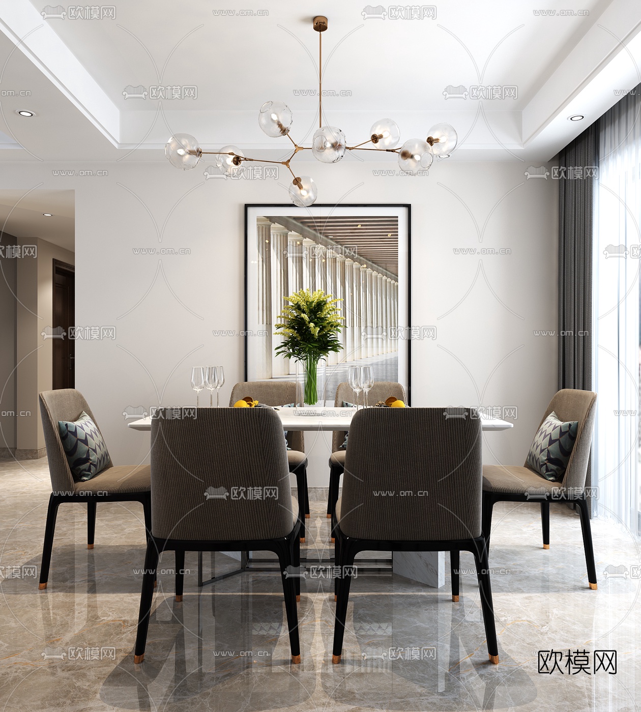 现代高级灰客厅餐厅3d模型