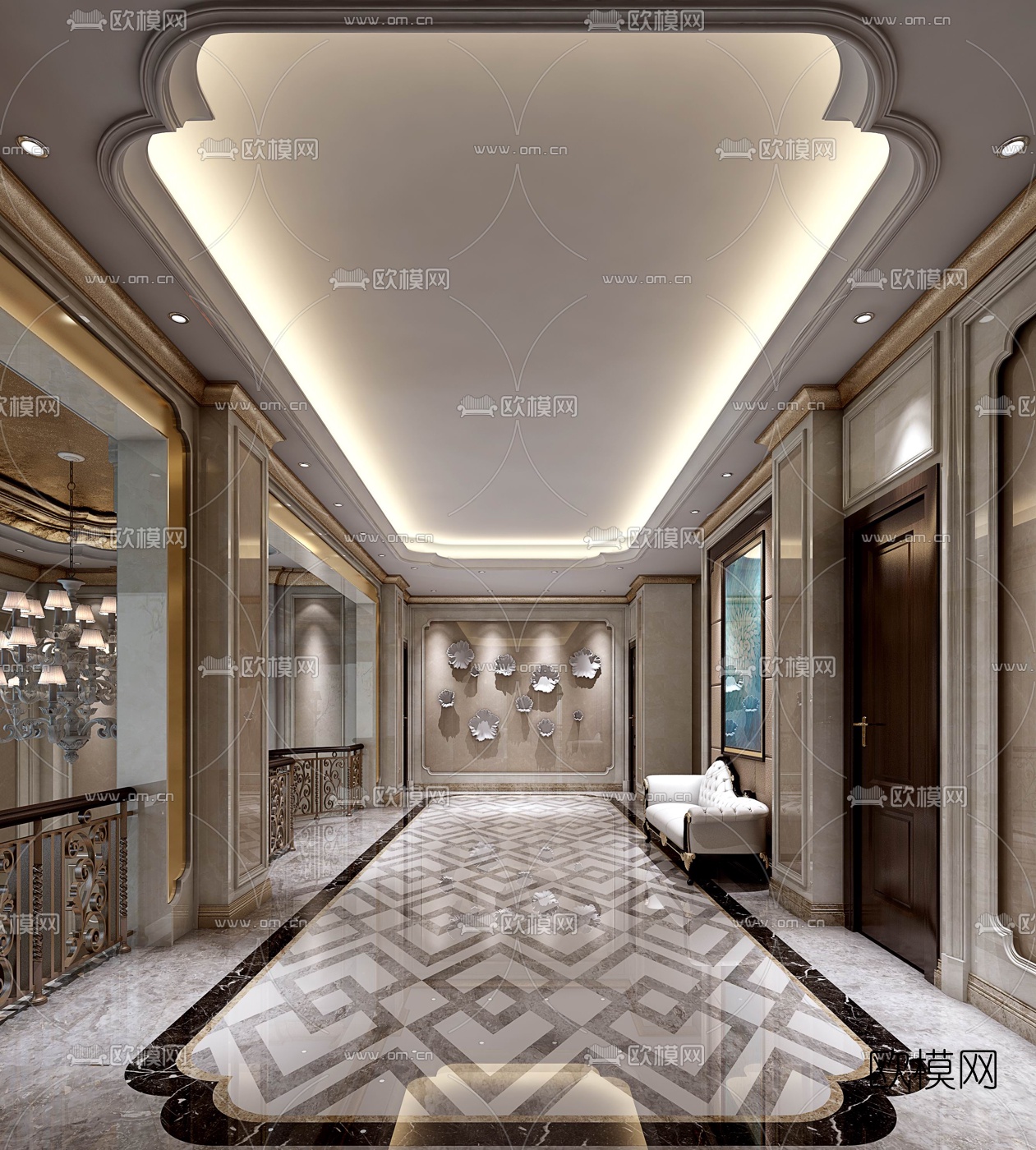 欧式别墅客厅餐厅玄关3D模型