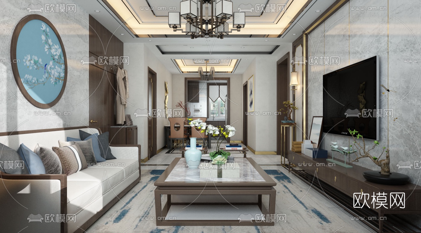 新中式客厅餐厅3d模型