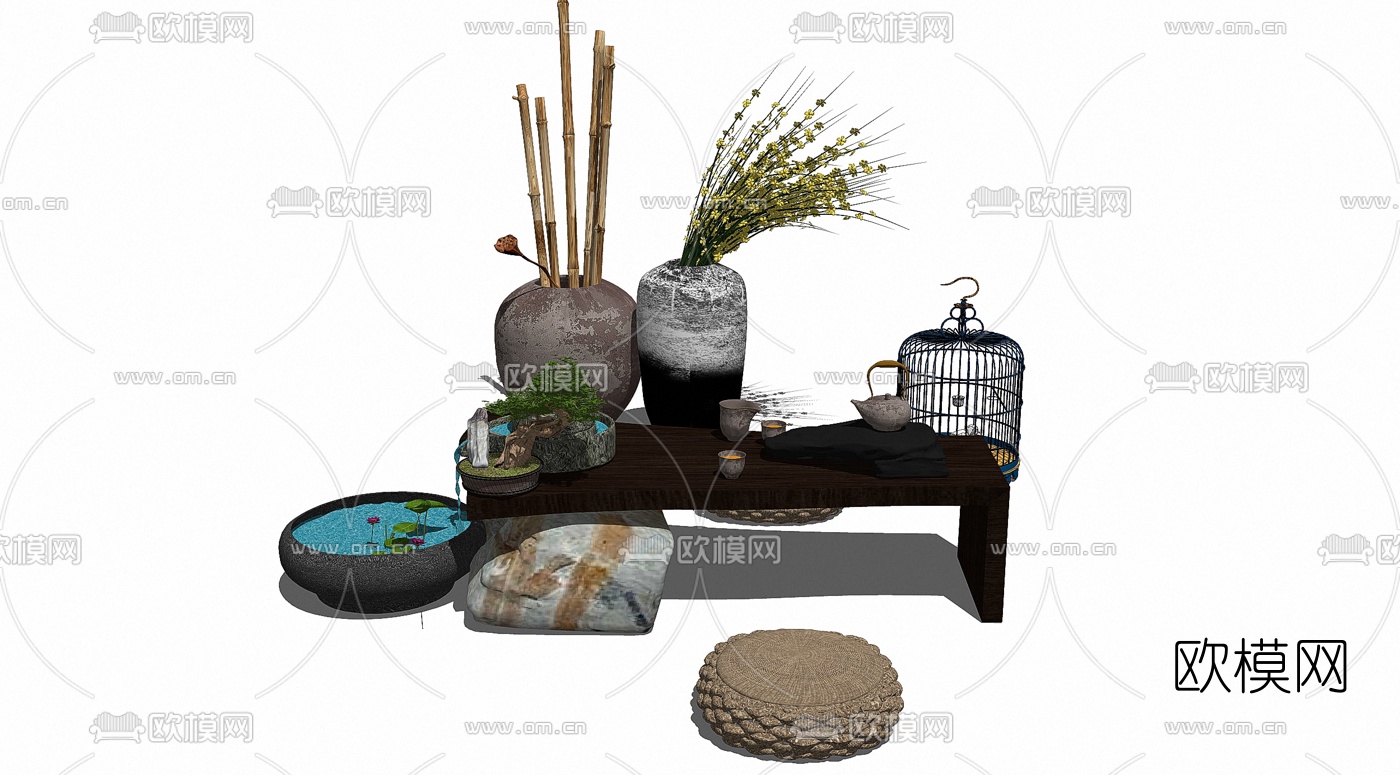 新中式茶桌椅组合su模型下载