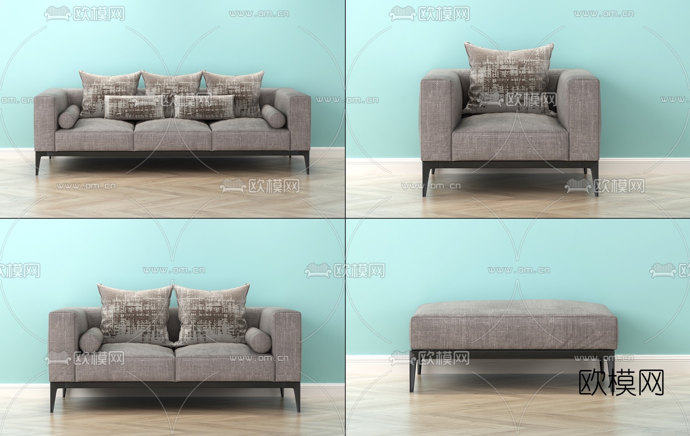 北欧绒布多人沙发双人沙发3d模型下载