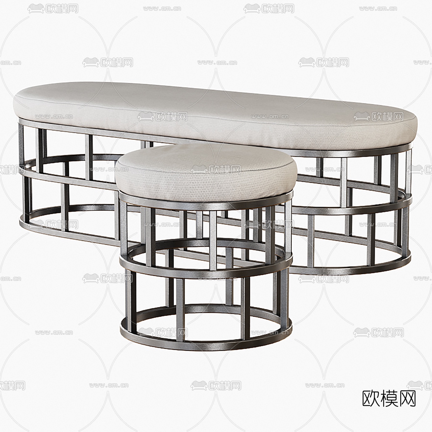 现代金属皮革床尾凳脚踏组合3D模型