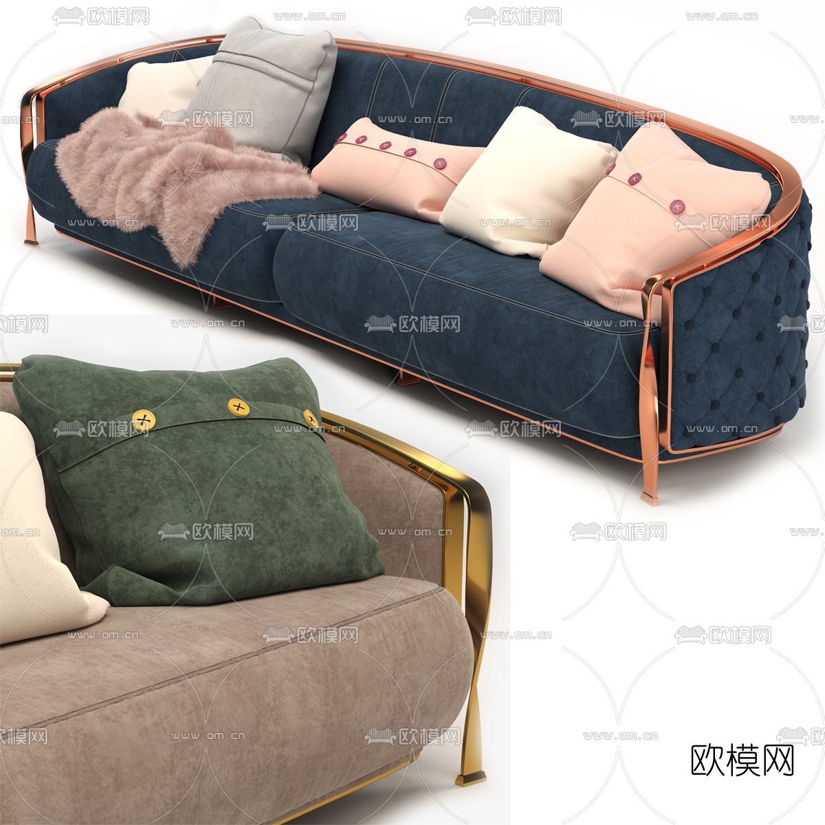 简欧轻奢布艺双人沙发3d模型