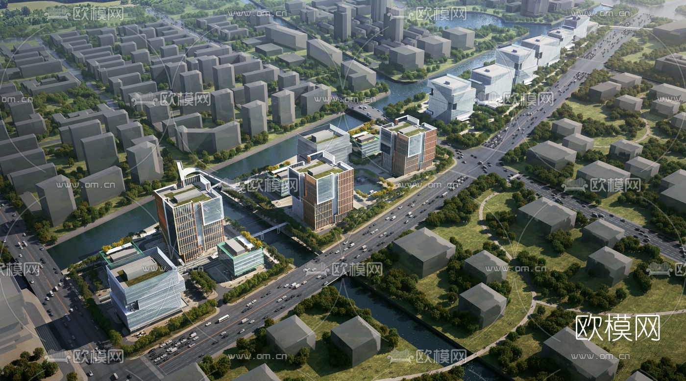 现代办公园区鸟瞰su模型下载（渲染图1）
