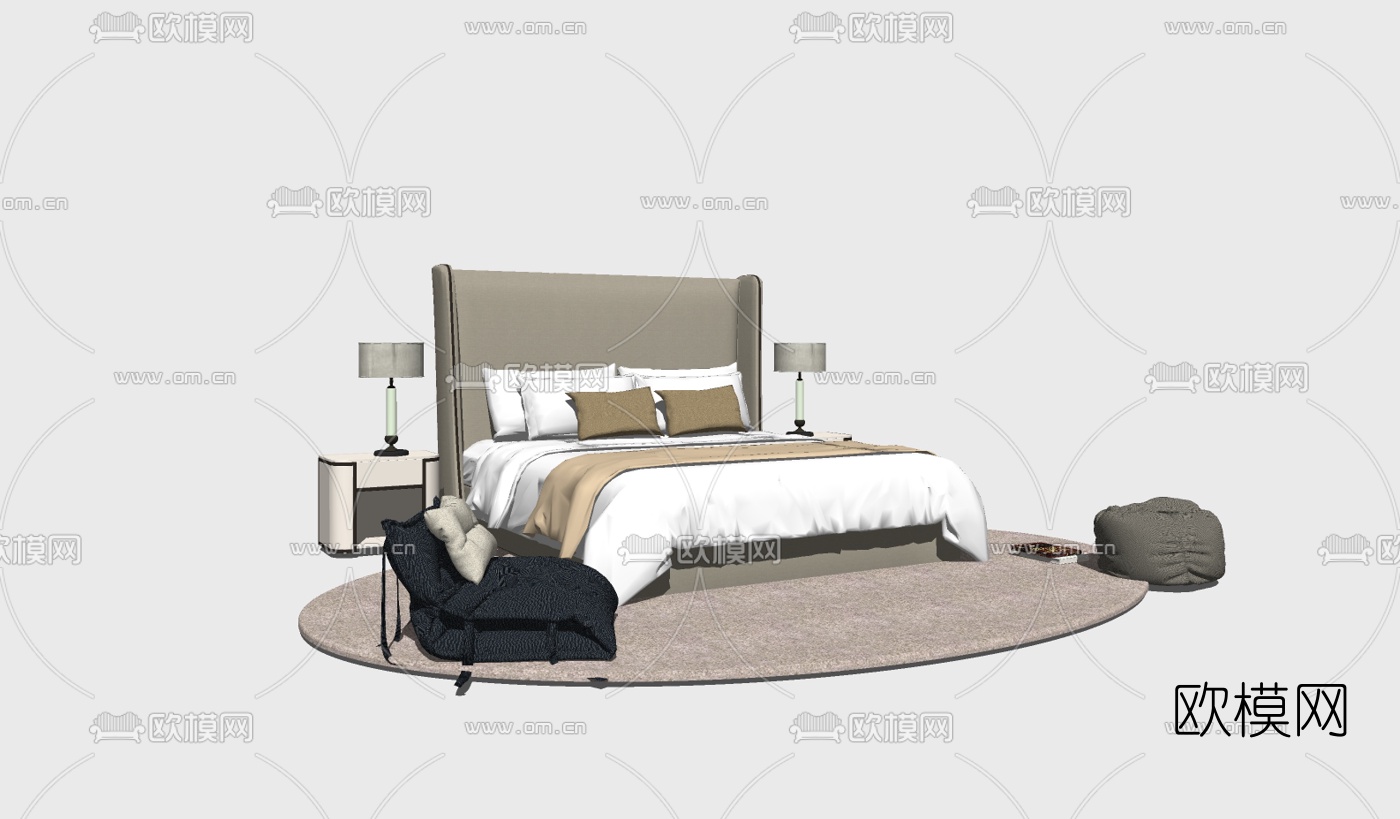 现代双人床组合su模型下载（渲染图3）
