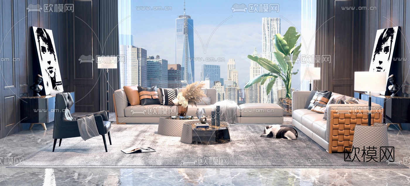 现代轻奢沙发组合3d模型-免费3dmax模型库-欧模网