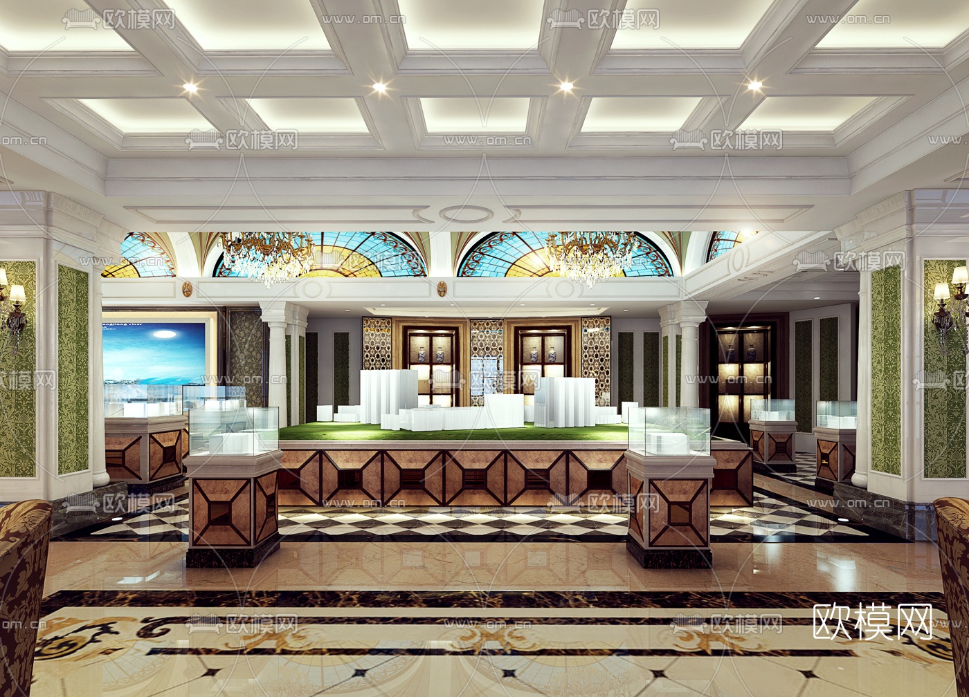 法式奢华售楼处大厅3D模型下载（渲染图1）