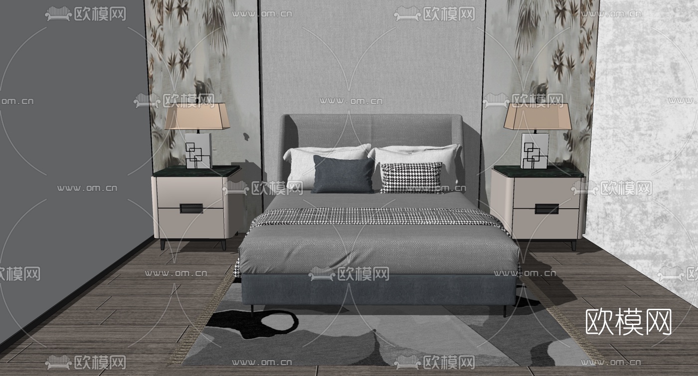 新中式双人床su模型下载