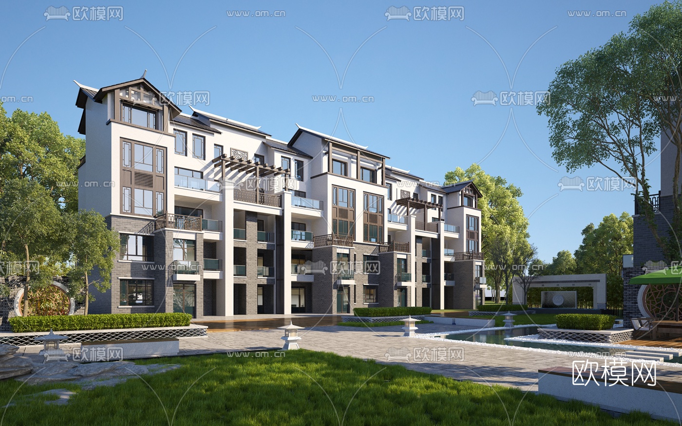 新中式别墅外观3d模型下载