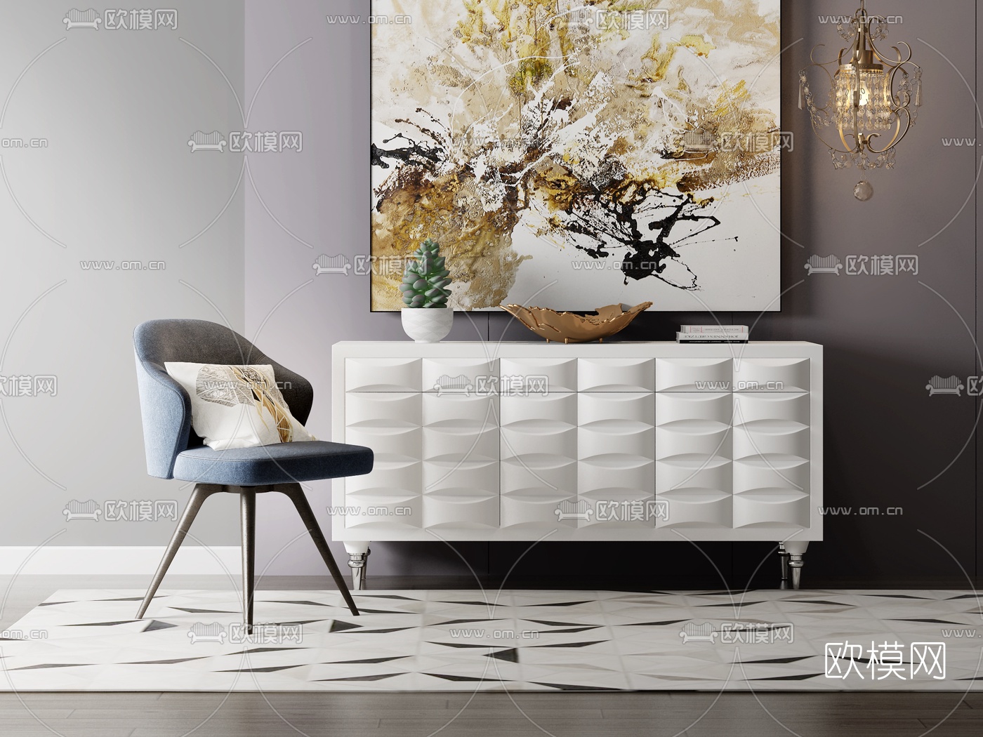 北欧端景休闲椅装饰画组合3D模型下载（渲染图1）