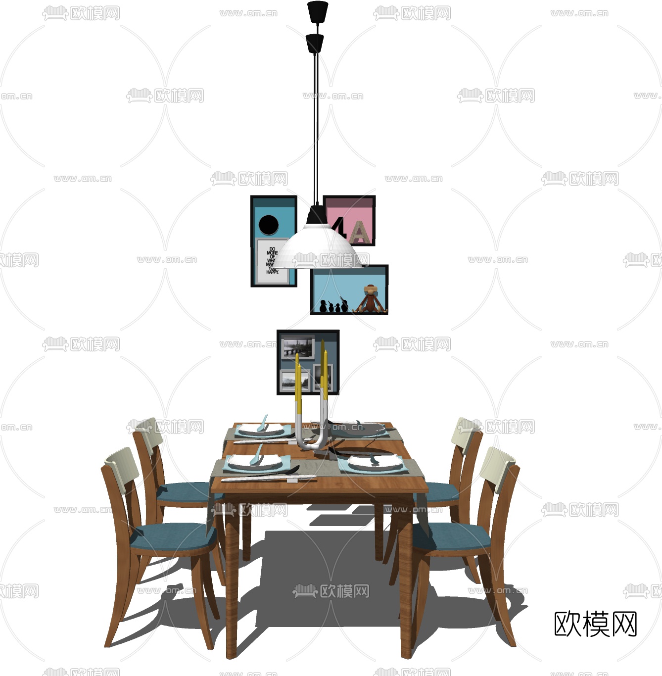 北欧实木餐桌椅su模型