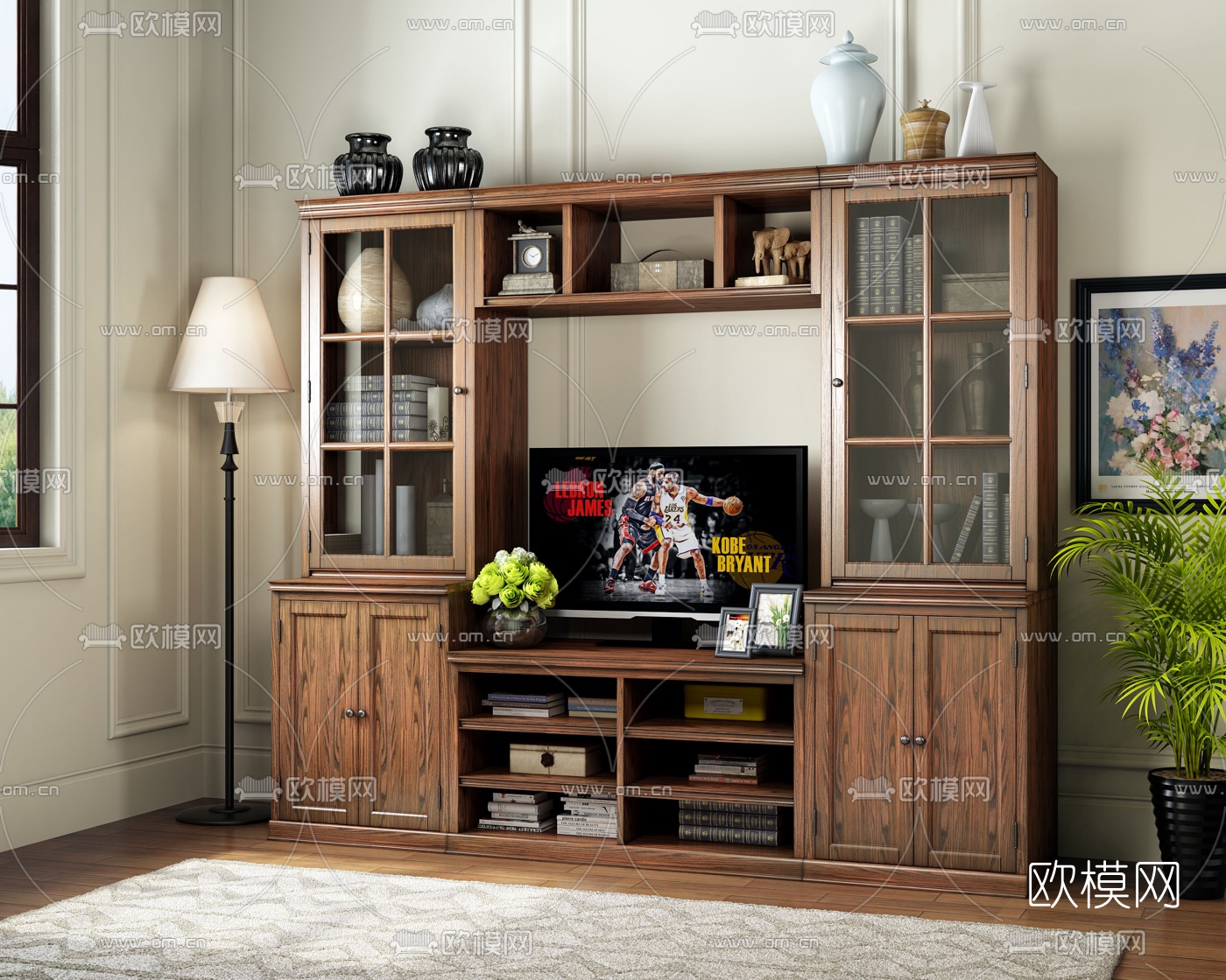 美式实木书柜装饰柜3d模型下载（渲染图2）