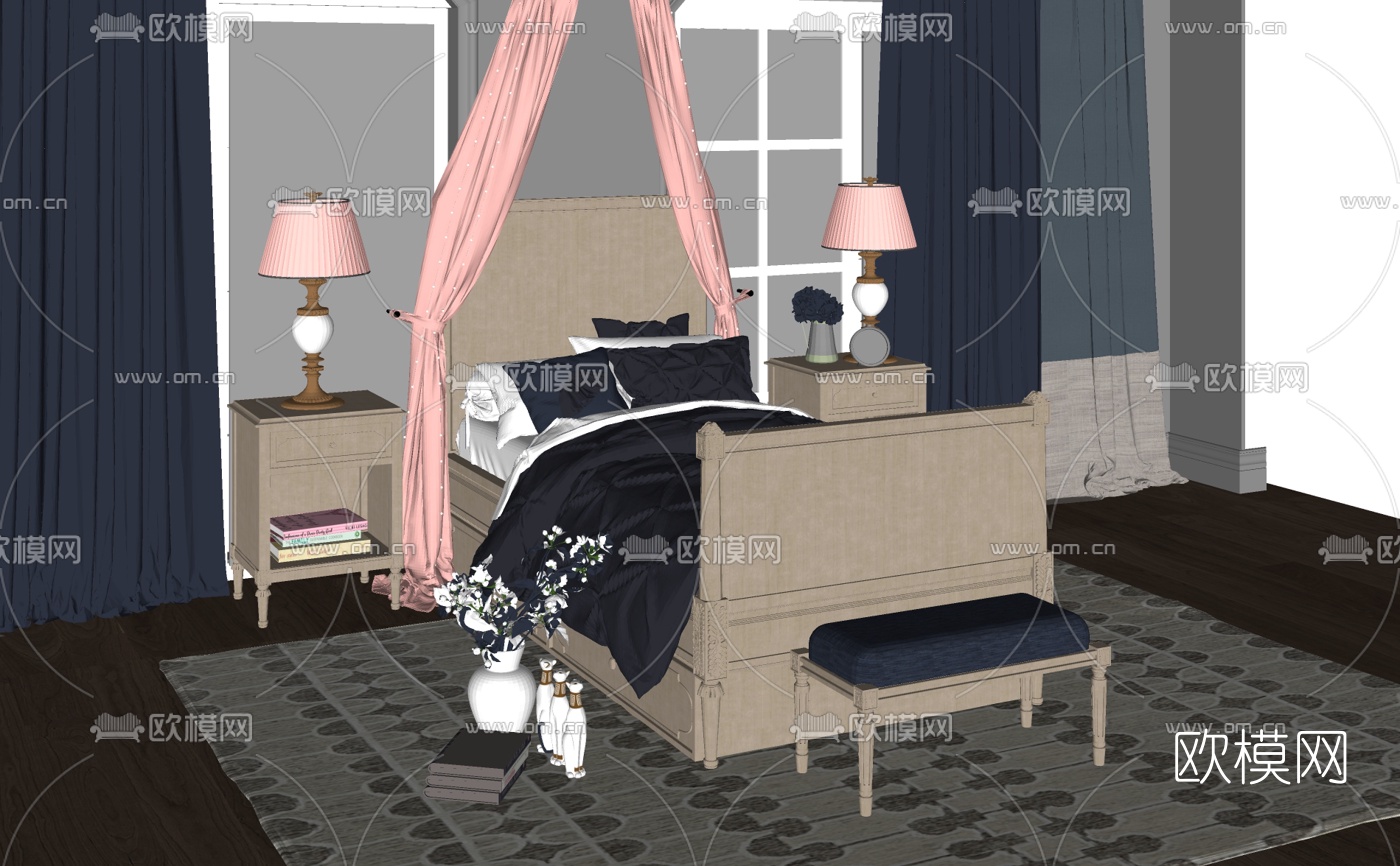 欧式单人床su模型下载（渲染图1）