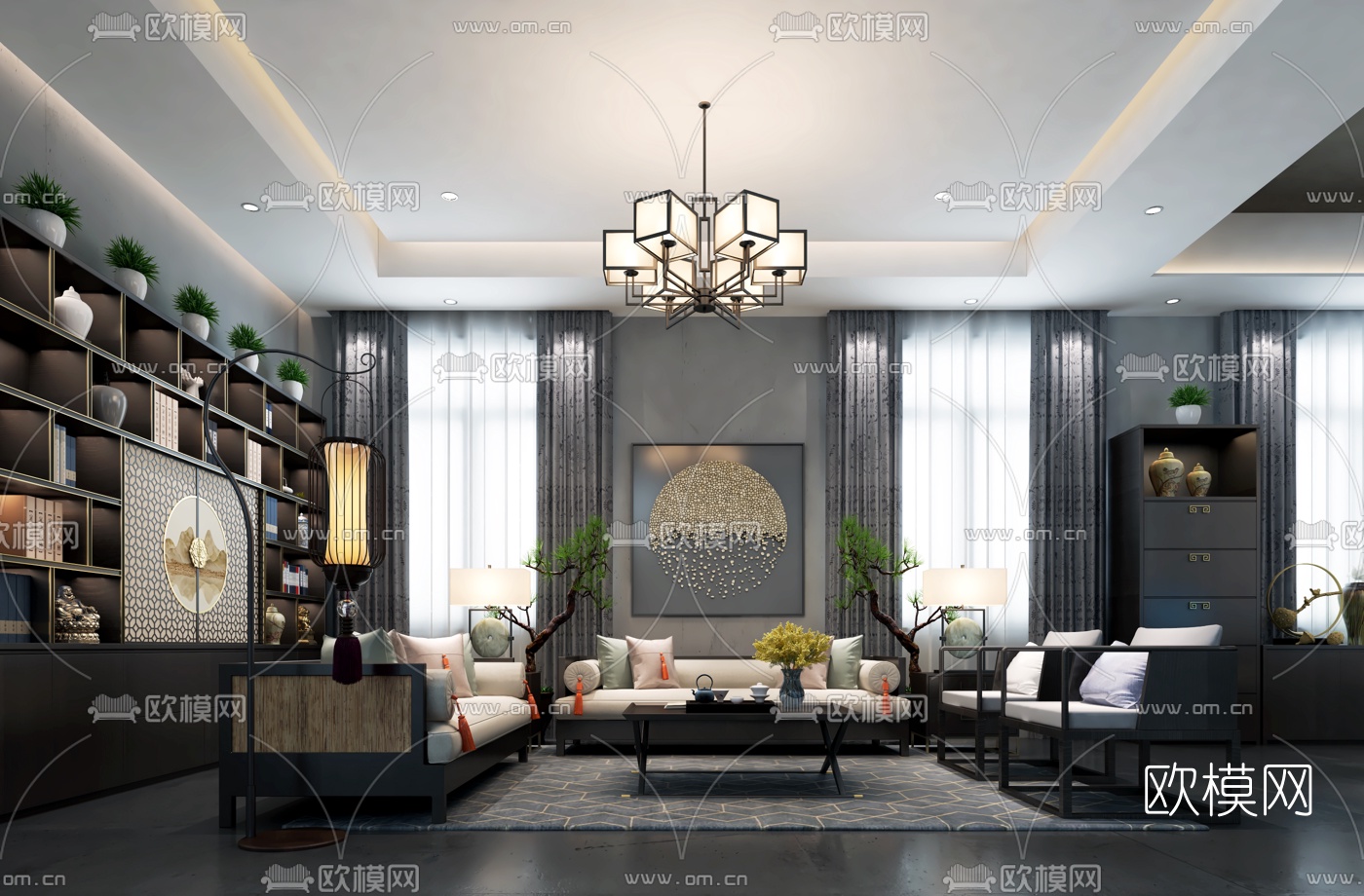 新中式会所会客厅3D模型-免费3dmax模型库-欧模网