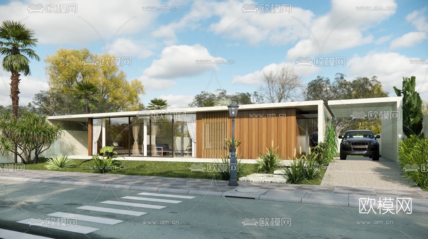 现代独栋别墅外观su模型下载（渲染图1）