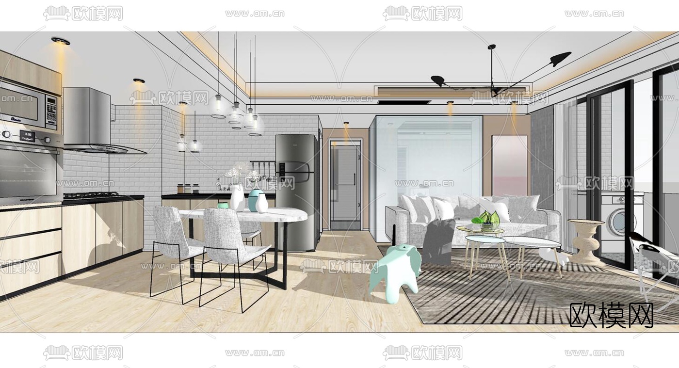 北欧客餐厅su模型下载（渲染图2）