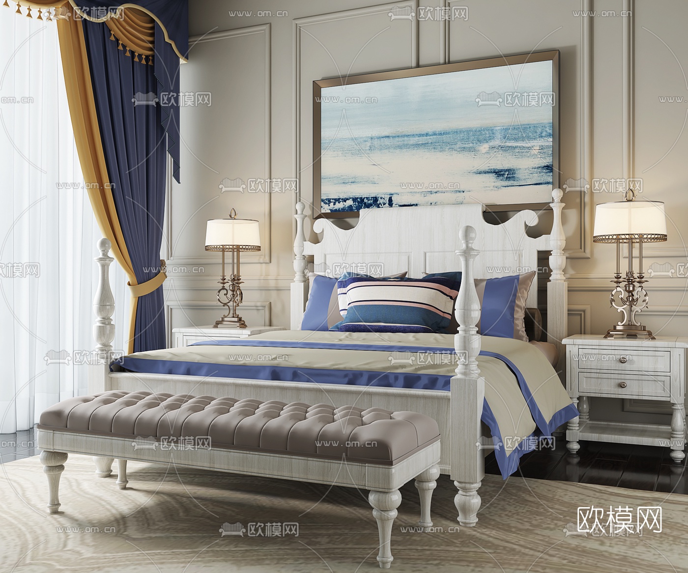 美式双人床床头柜台灯摆件组合3D模型下载