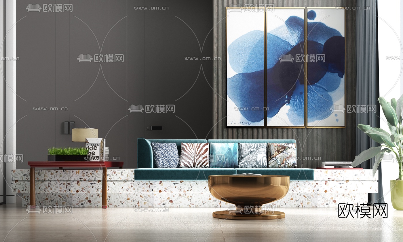 现代轻奢绒布多人沙发3d模型下载