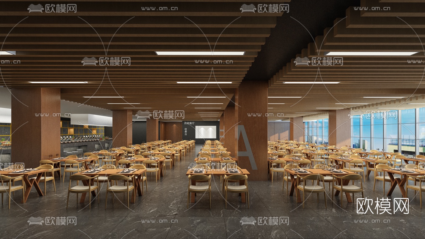 现代员工餐厅3d模型下载