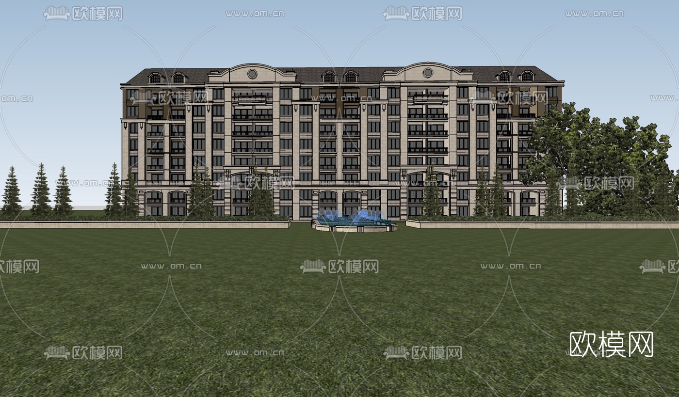 欧式古典多层公寓楼su模型下载（渲染图2）