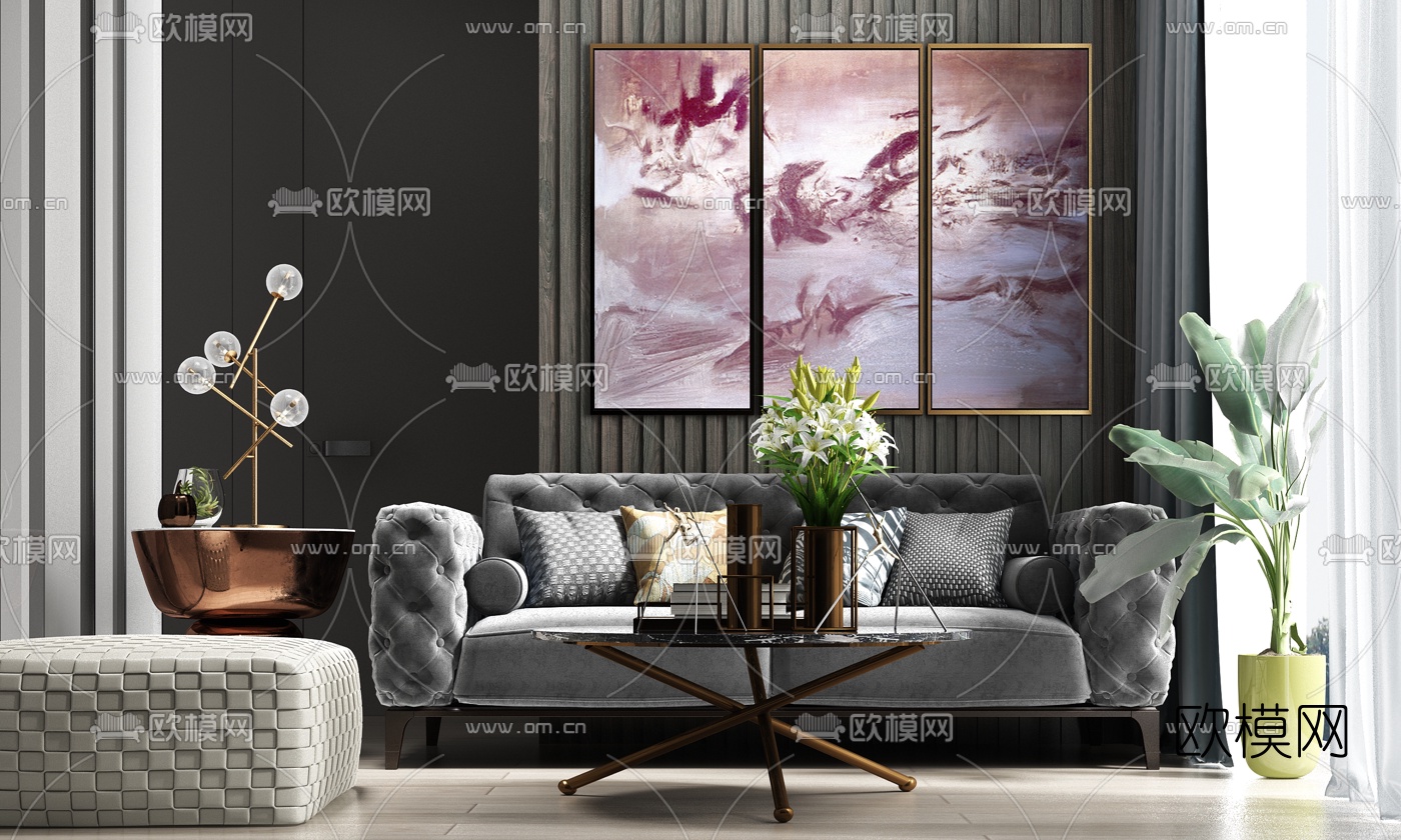 简欧绒布多人沙发茶几3d模型下载