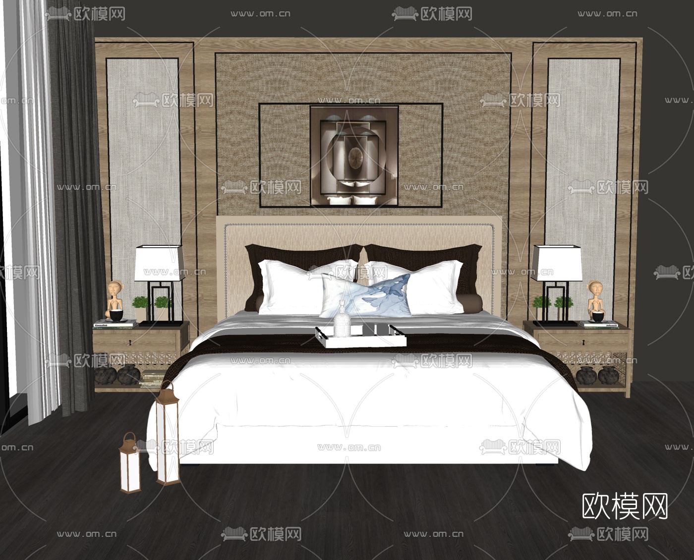 新中式双人床su模型下载（渲染图1）