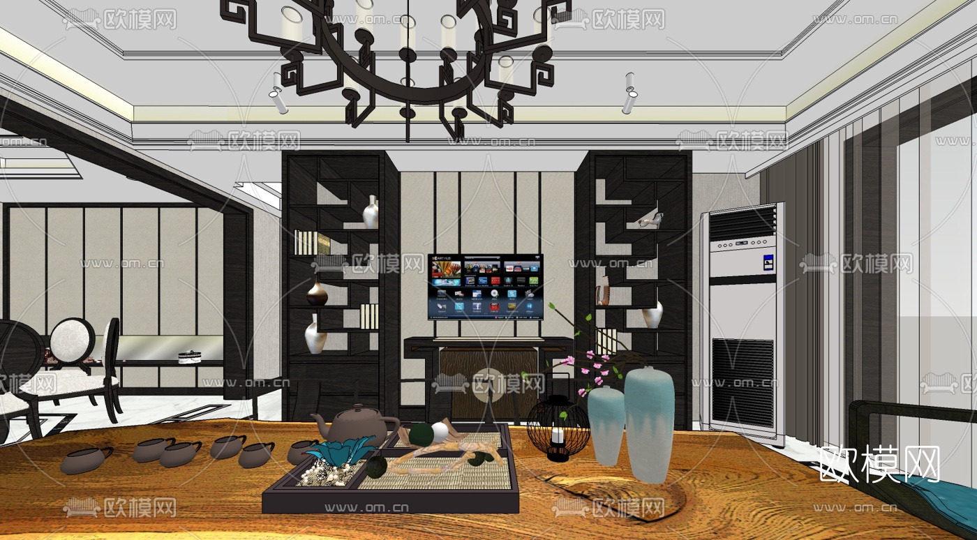 新中式客餐厅免费su模型下载（渲染图3）