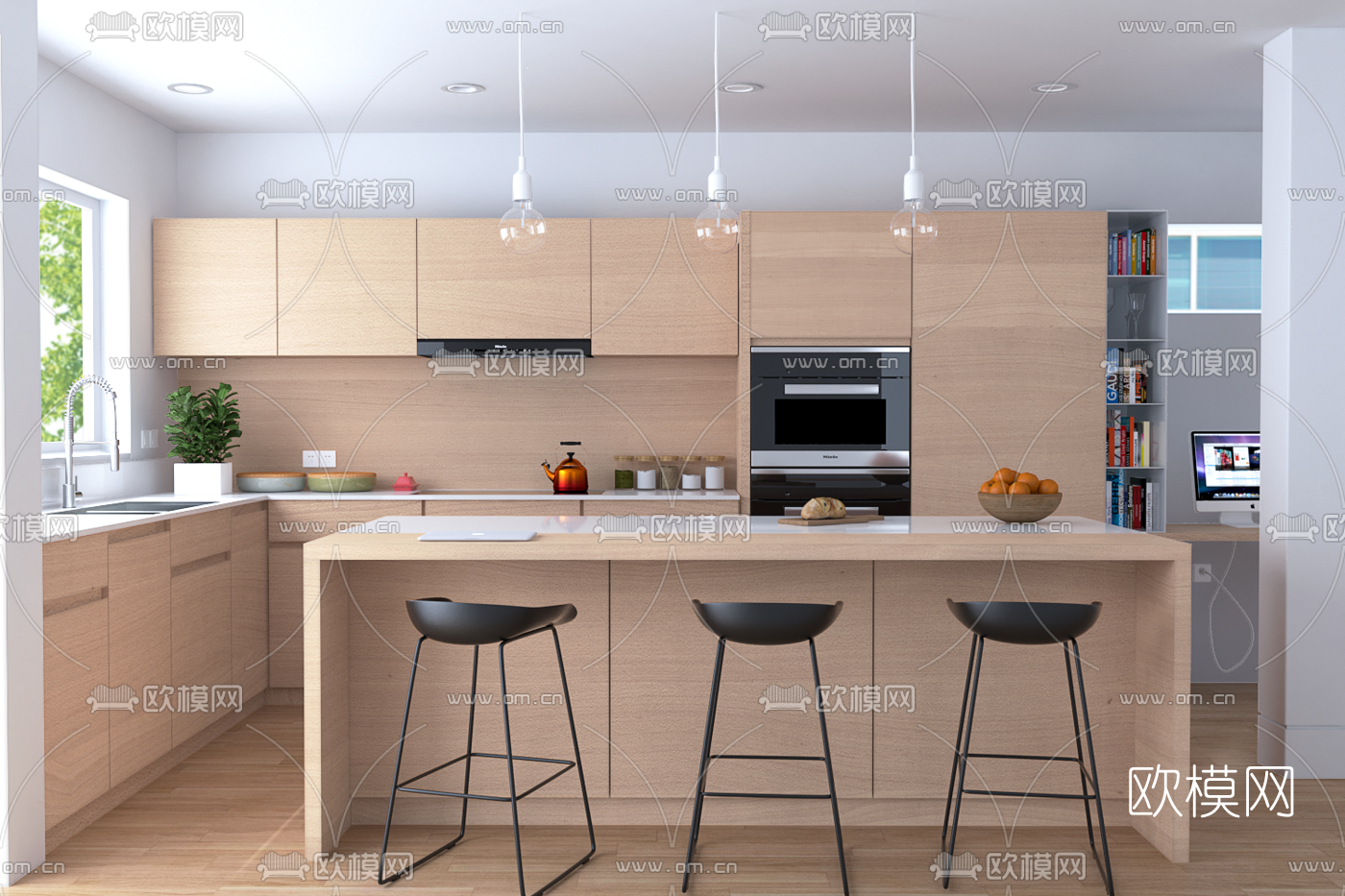 现代开放式厨房su模型下载（渲染图2）