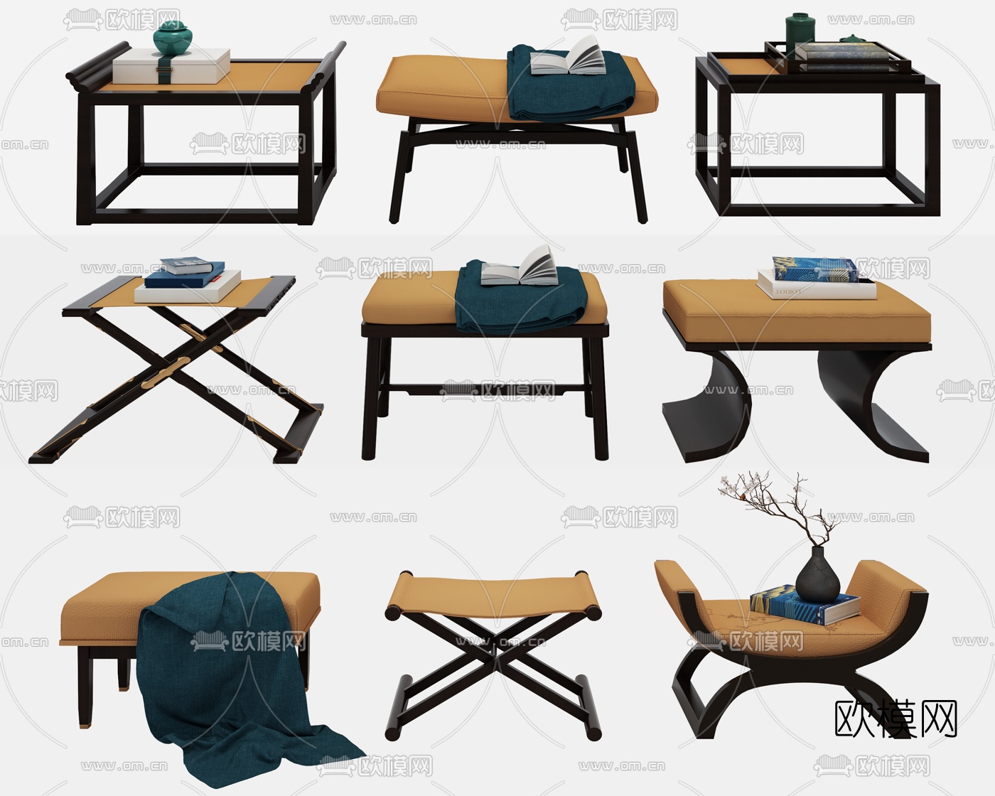 新中式矮凳凳子组合3d模型下载