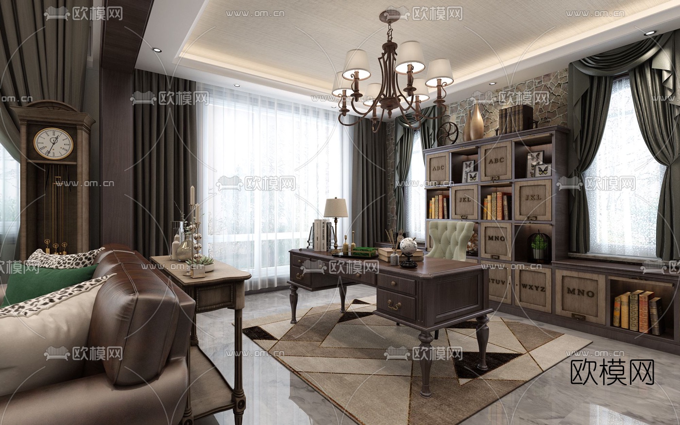 美式别墅混搭客厅楼梯玄关书房3d模型下载（渲染图3）
