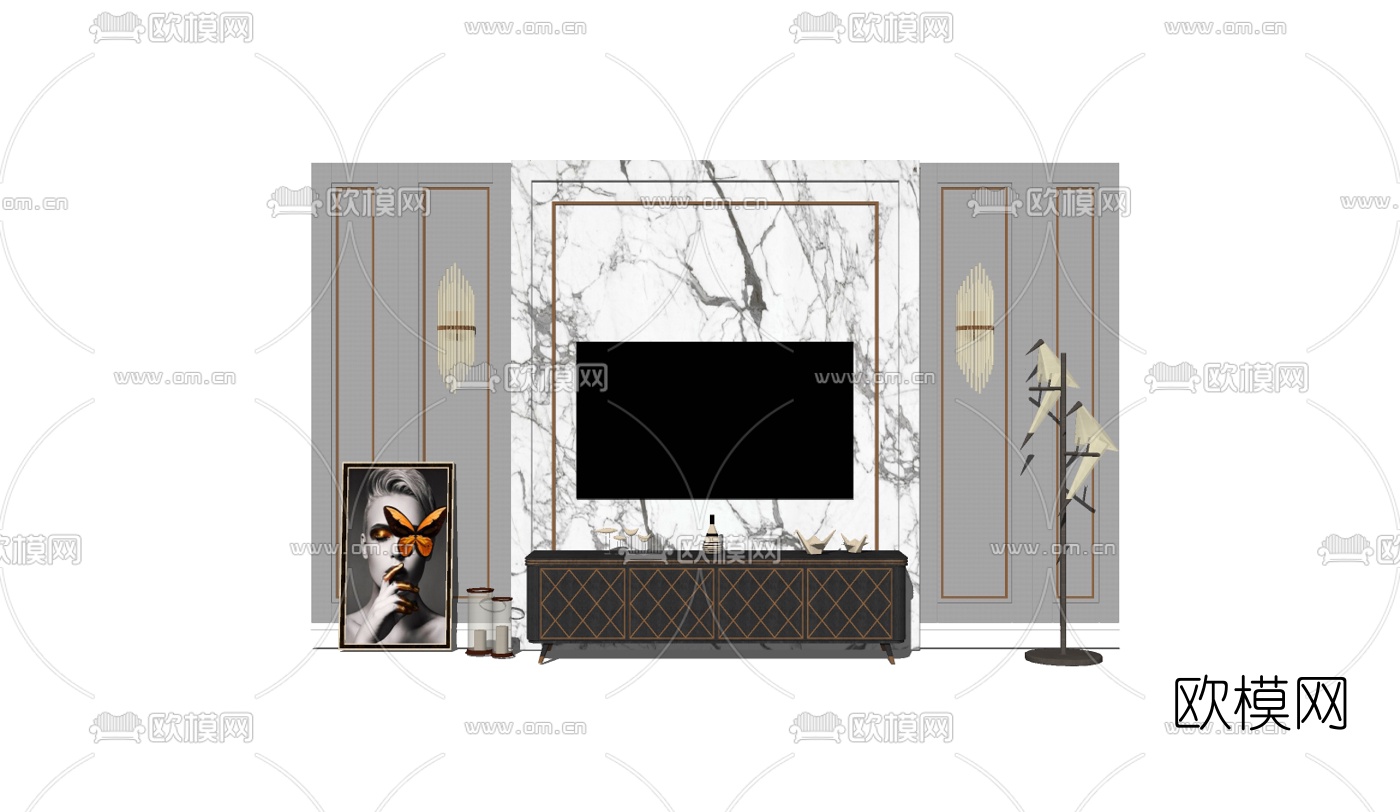 后现代实木电视柜组合su模型下载（渲染图2）