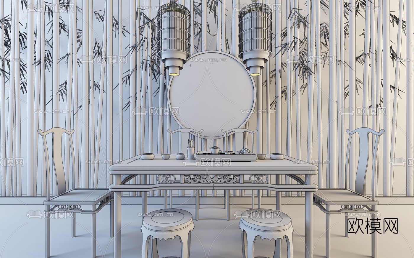 中式禅意泡茶桌椅鸟笼吊灯竹排墙饰组合3D模型下载（渲染图2）