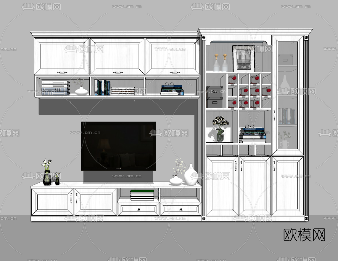 简欧式电视机组合柜su模型下载