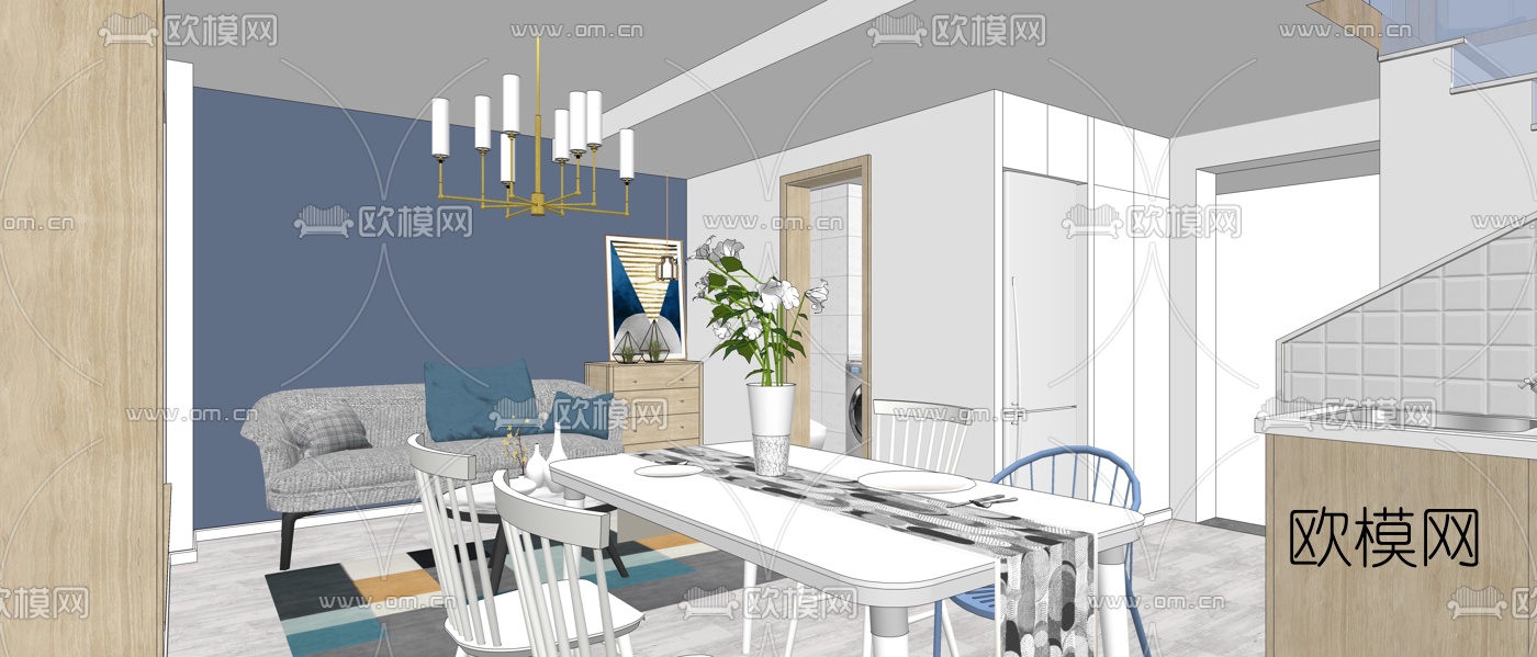 北欧客餐厅su模型下载（渲染图1）