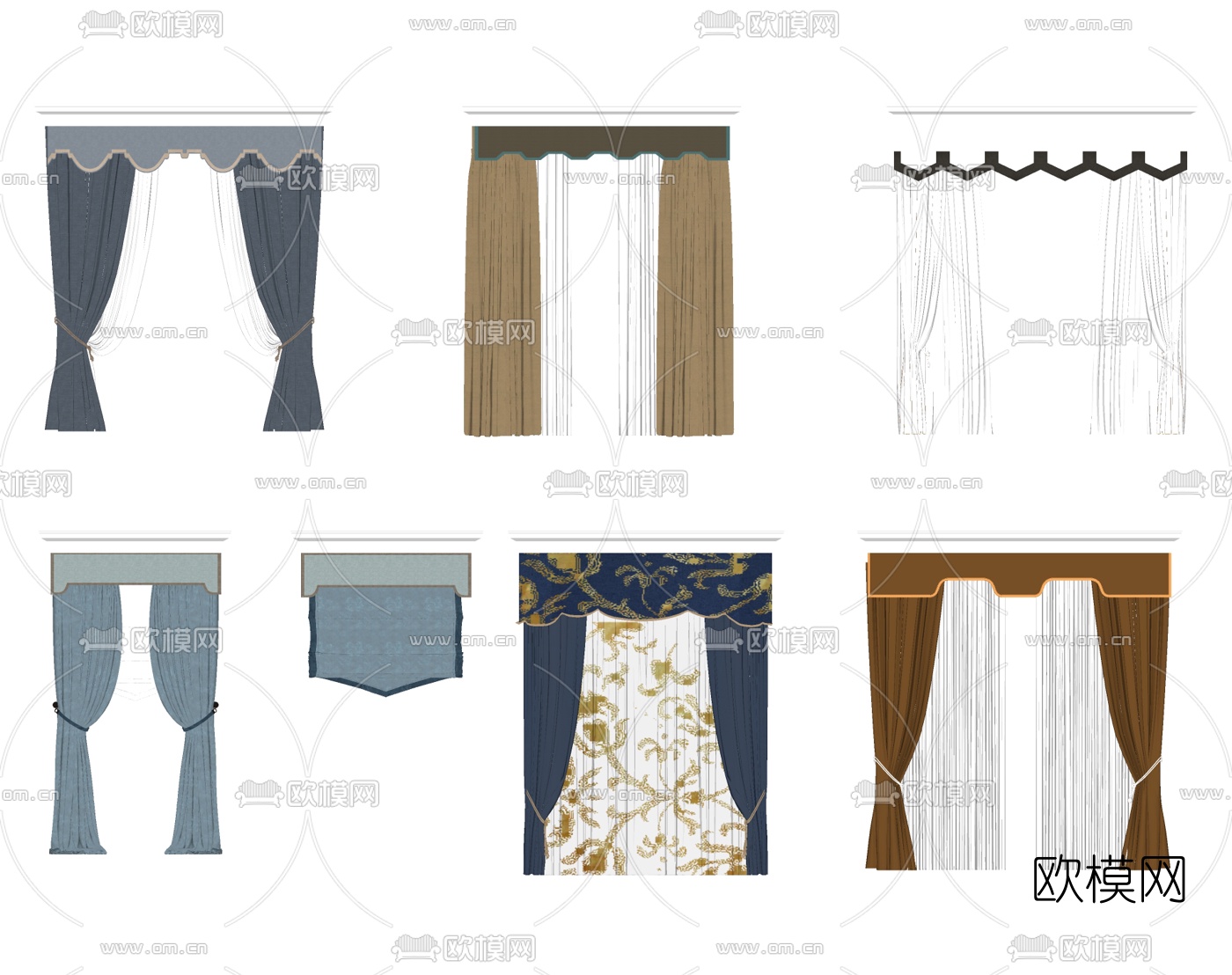 新中式布艺窗帘组合su模型下载