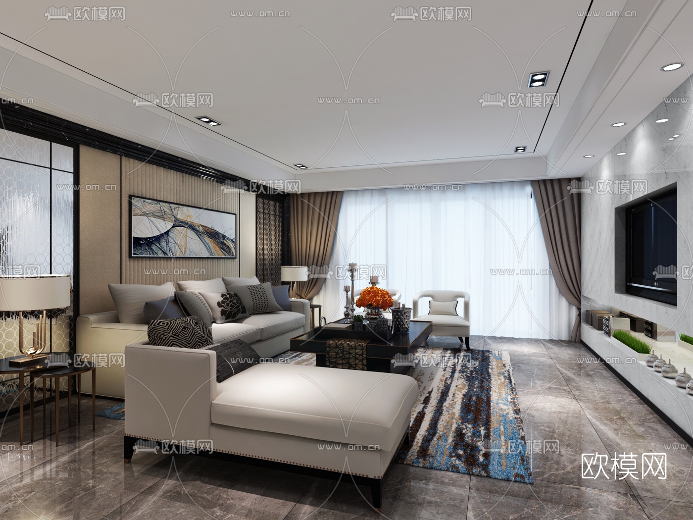 现代客厅3D模型-免费3dmax模型库-欧模网