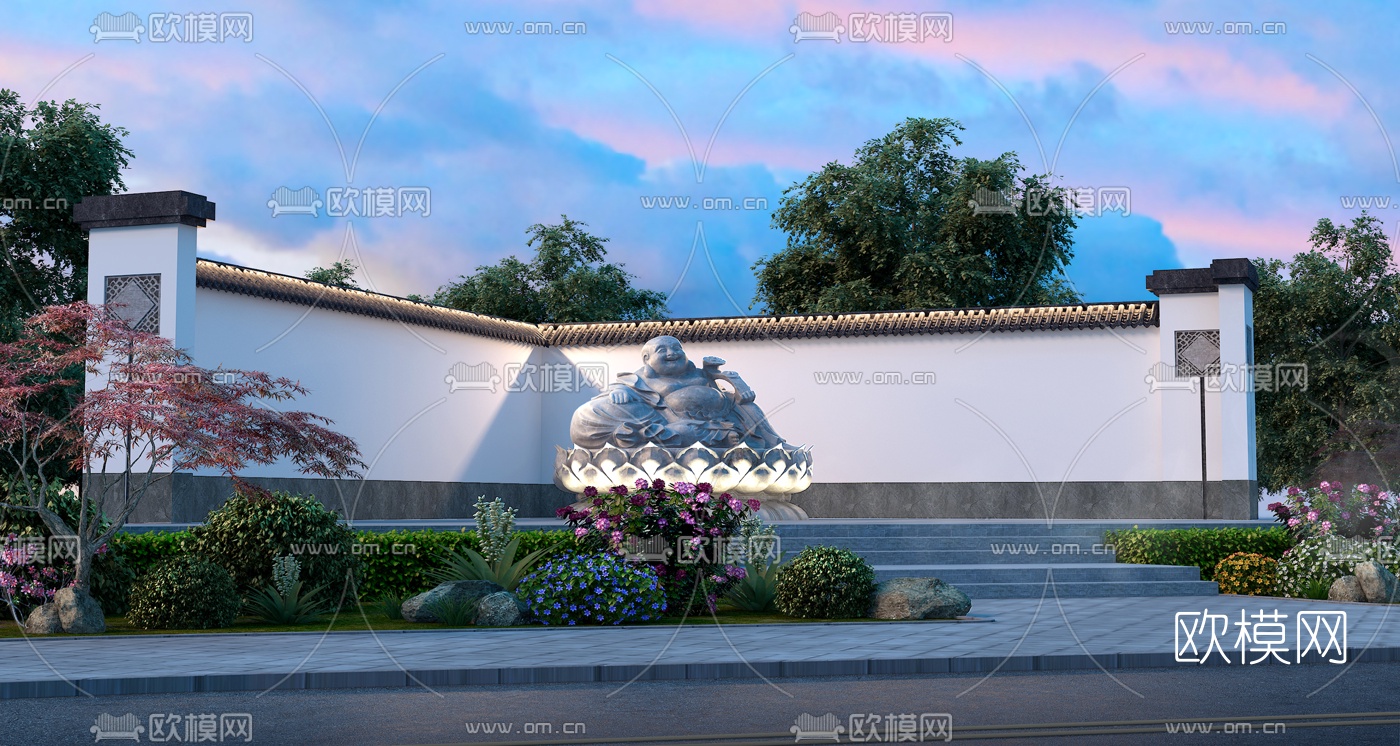 中式牌楼佛像园林景观3d模型
