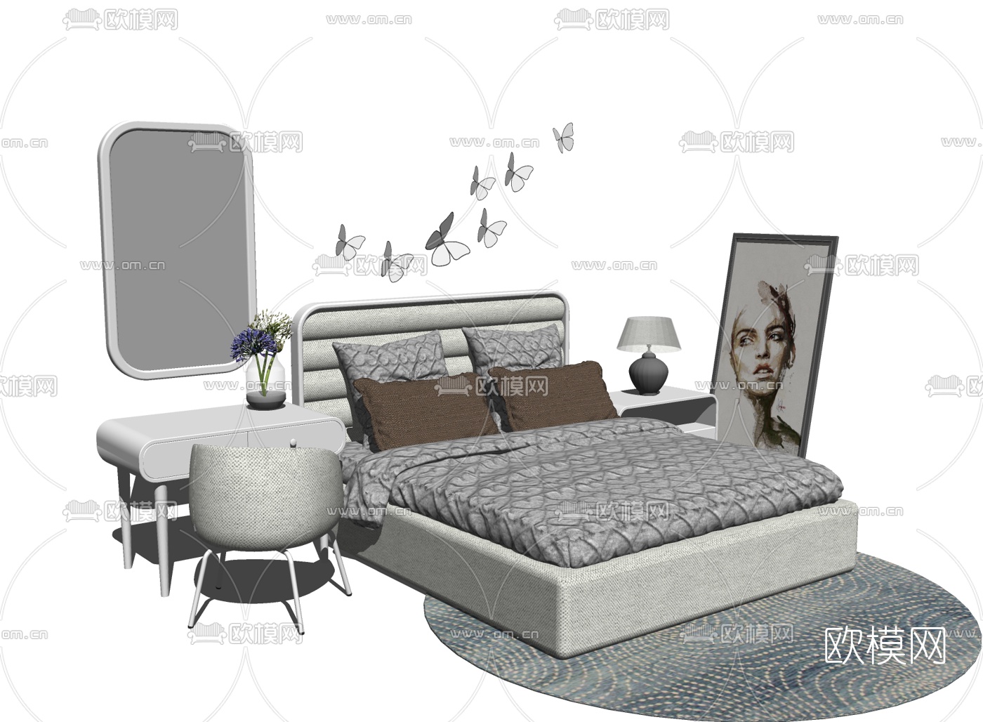 现代布艺双人床su模型下载（渲染图2）