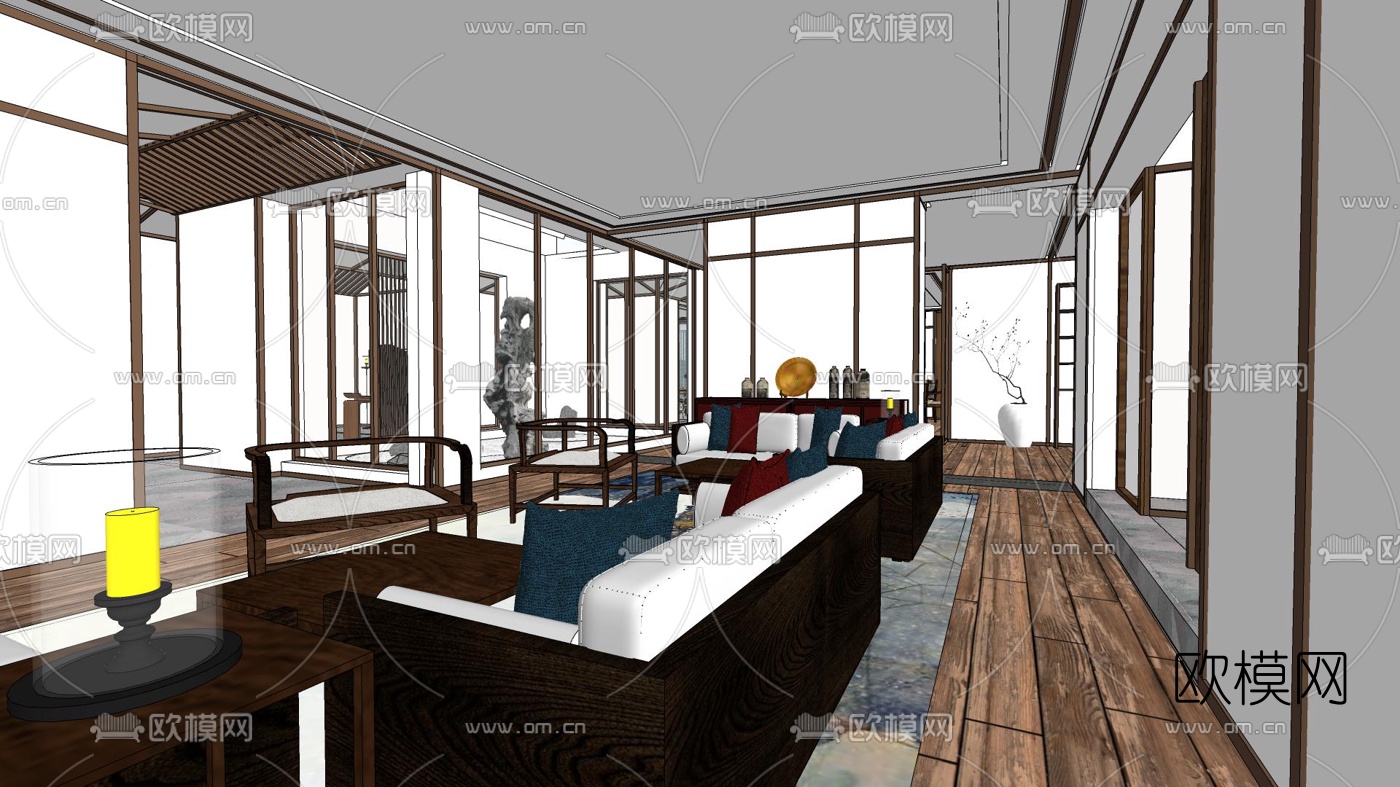 新中式会所会客室su模型下载（渲染图1）