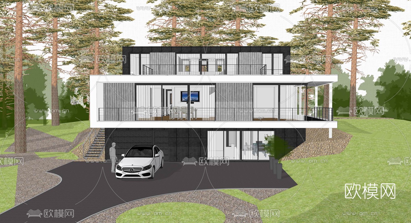 现代独栋别墅外观su模型下载（渲染图3）