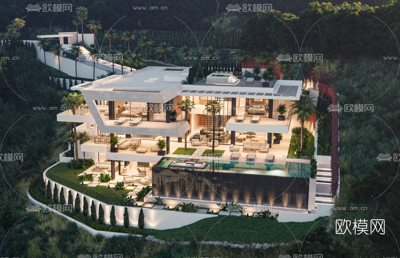 现代独栋别墅外观夜景su模型下载（渲染图2）