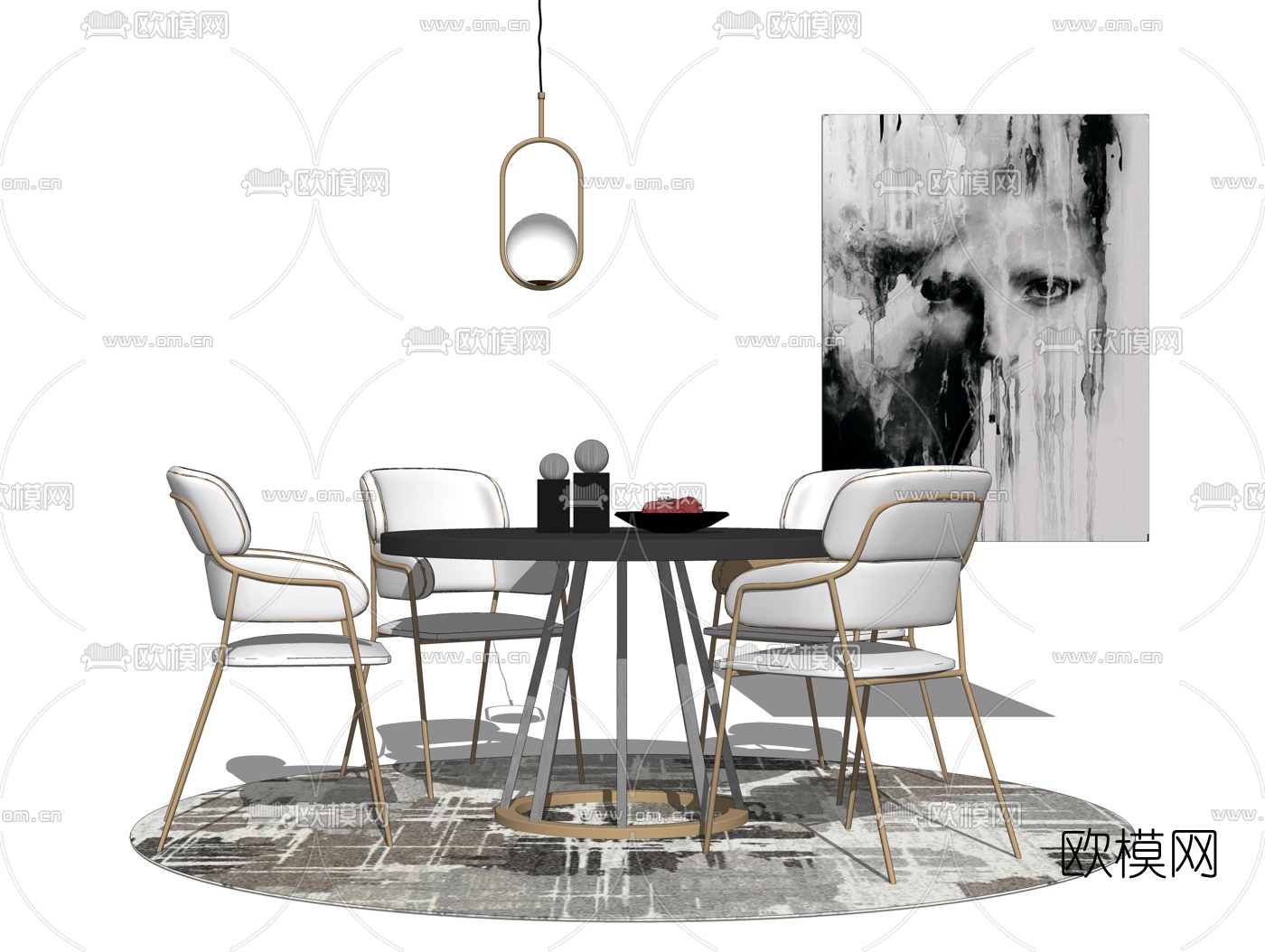 后现代圆形餐桌椅su模型下载