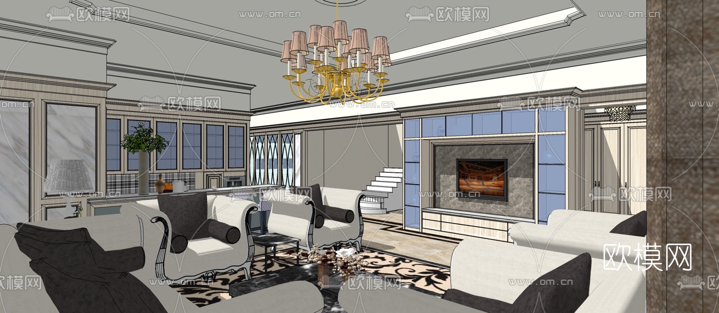 欧式轻奢客厅餐厅su模型