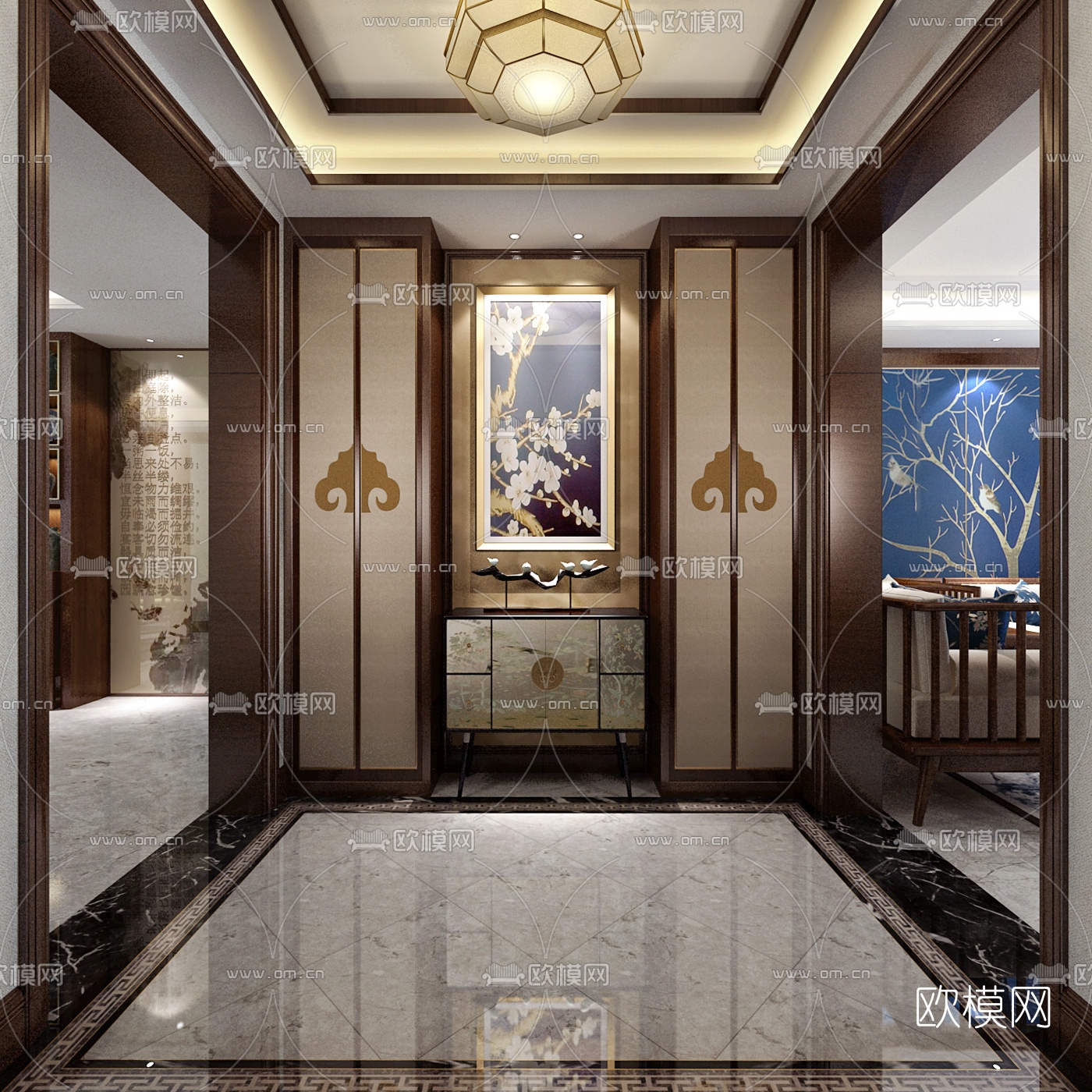新中式客厅餐厅玄关过道3d模型-免费3dmax模型库-欧模网