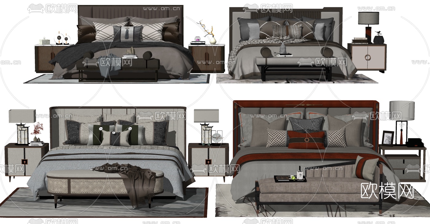 新中式布艺双人床su模型下载（渲染图1）