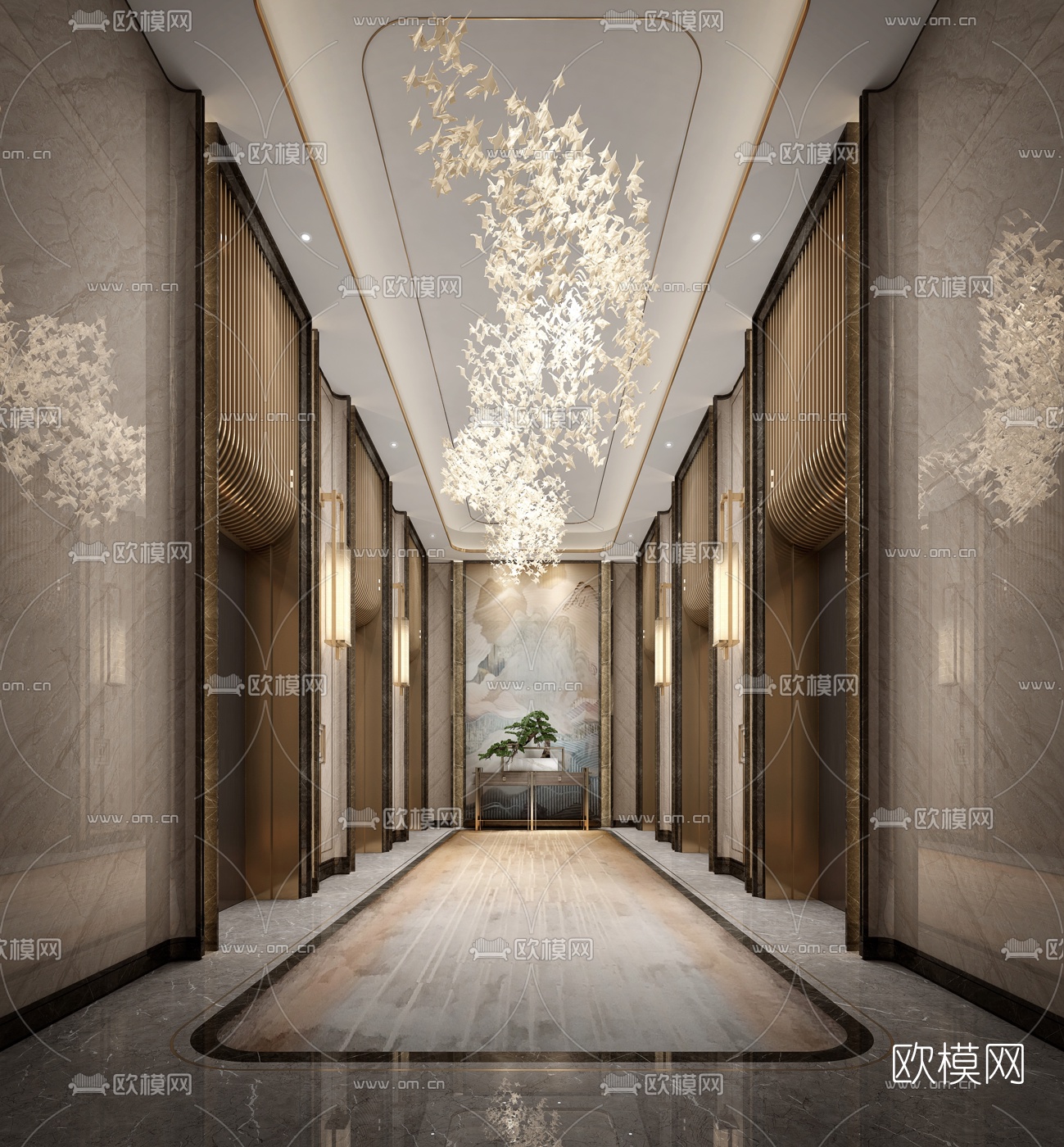 新中式酒店电梯厅3d模型
