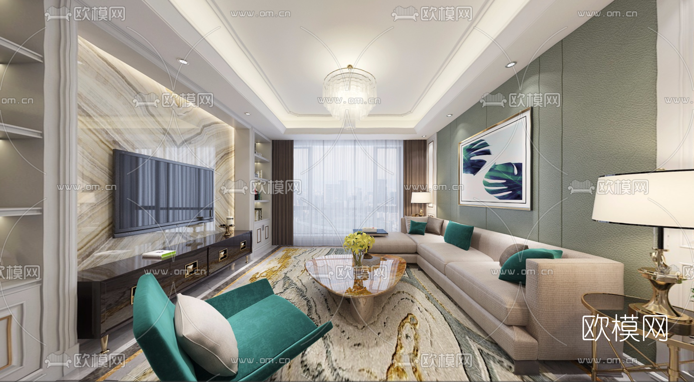 简欧客厅餐厅全景3D模型-免费3dmax模型库-欧模网